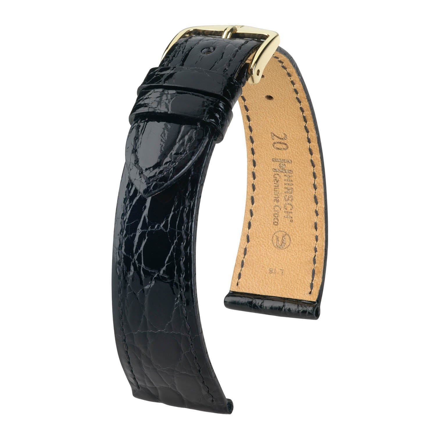 Hirsch Genuine Croco Black Shiny Crocodile Leather Watch Band